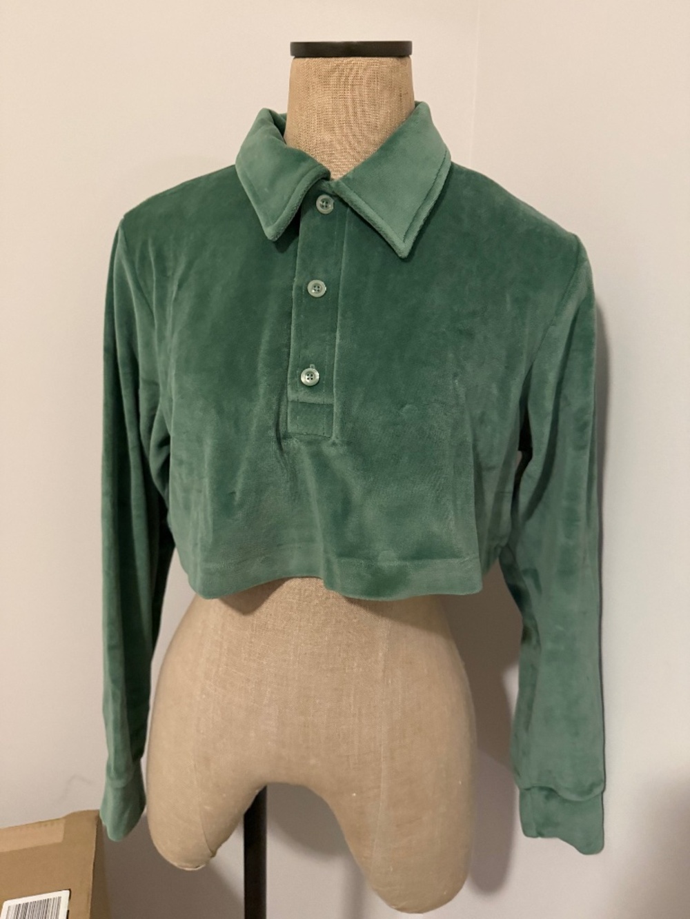 Re/Done Cropped Velour Polo in Basil Size M